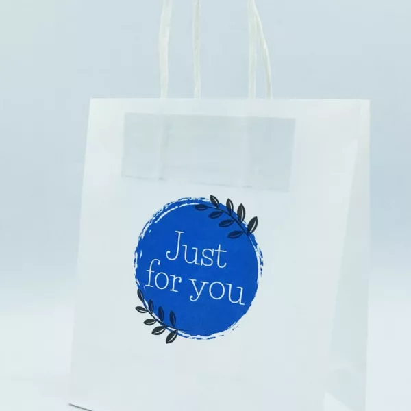 Sac en kraft blanchi avec poignées torsadées "Just for you"